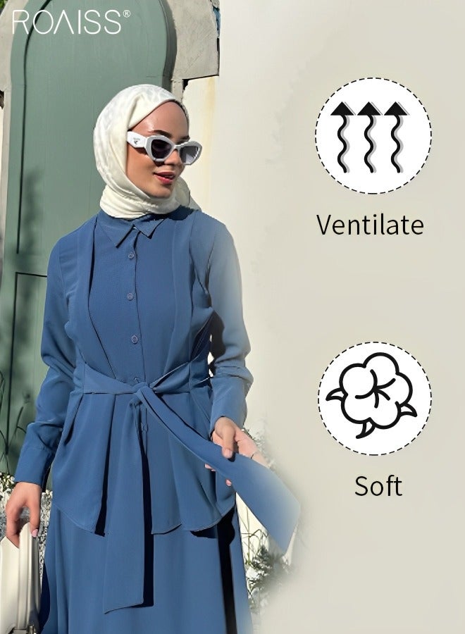 رويس طقم قميص وتنورة نسائي مكون من قطعتين، أكمام طويلة وأزرار وياقة مفتوحة، قميص بأربطة + تنورة كاجوال منسدلة بخصر عالٍ وواسعة وفضفاضة على شكل حرف A بنصف طول - Image 5