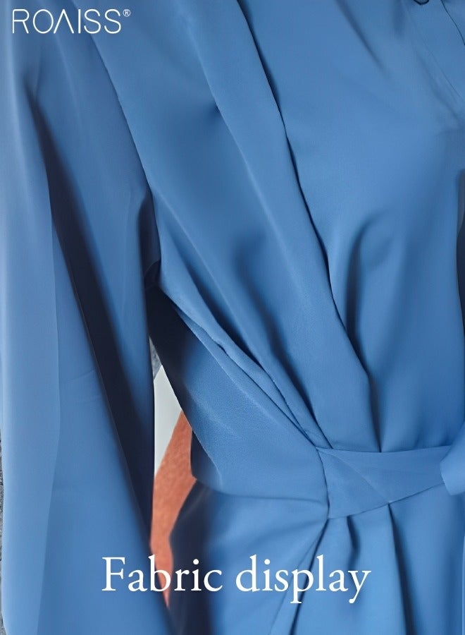 رويس طقم قميص وتنورة نسائي مكون من قطعتين، أكمام طويلة وأزرار وياقة مفتوحة، قميص بأربطة + تنورة كاجوال منسدلة بخصر عالٍ وواسعة وفضفاضة على شكل حرف A بنصف طول - Image 4