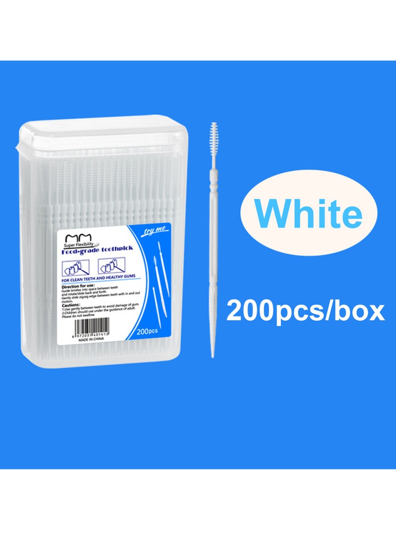 200-Piece Food-Grade Toothpicks, 2-in-1 Double-Head Interdental Brushes for Oral Care, Plastic Dental Floss for Effective Teeth Cleaning, White - Image 1