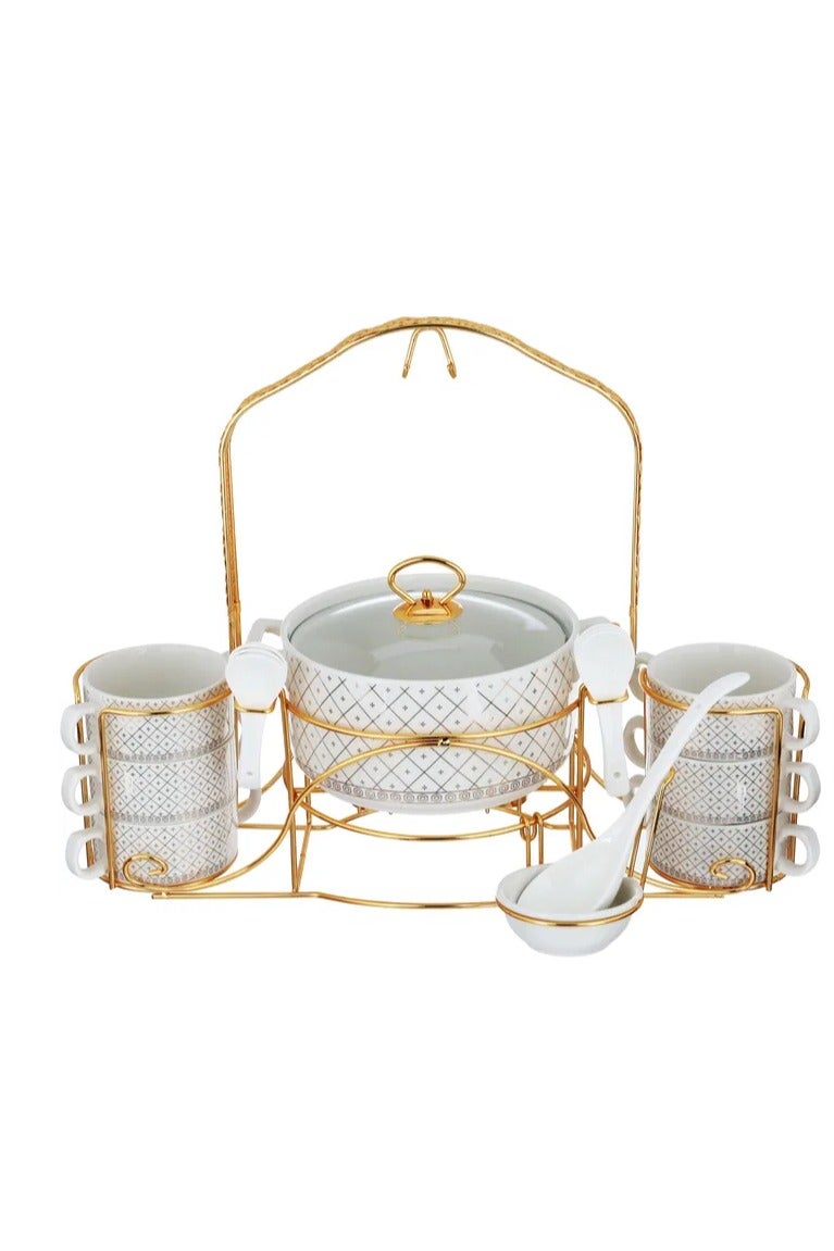 Alsaif Gallery Al Saif Gallery porcelain soup set, with golden stand and square pattern, 18 pieces - white - Image 1