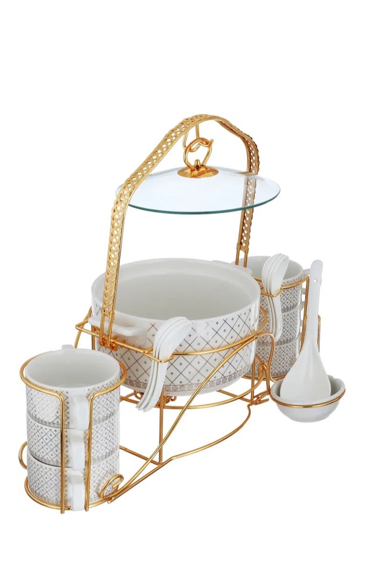 Alsaif Gallery Al Saif Gallery porcelain soup set, with golden stand and square pattern, 18 pieces - white - Image 3