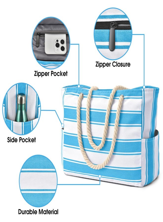 Becokan Beach Bags for Women Large Waterproof Beach Tote Bag Zipper Beach Bags Waterproof Sandproof Swim Pool Bag Large Tote, Blue Stripe, Large - Image 2