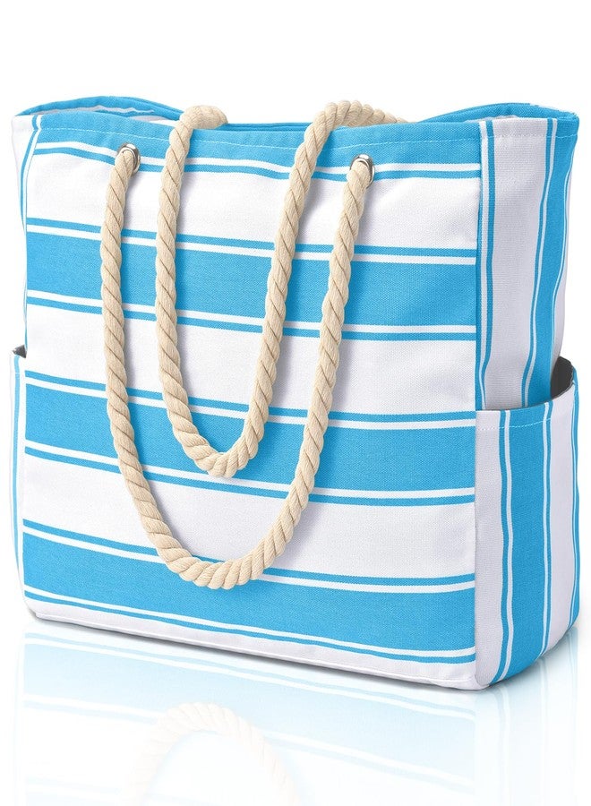 Becokan Beach Bags for Women Large Waterproof Beach Tote Bag Zipper Beach Bags Waterproof Sandproof Swim Pool Bag Large Tote, Blue Stripe, Large - Image 1