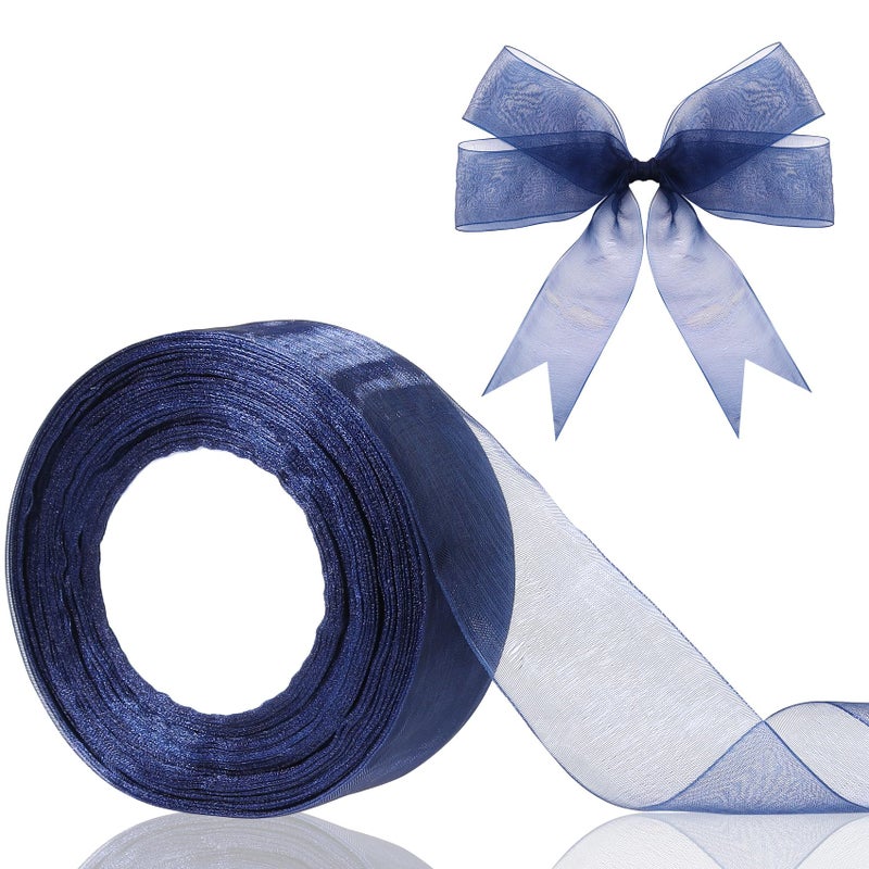 Hiswan 15 inch Sheer Organza Ribbon Navy Blue Chiffon Ribbon for Gift Wrapping Christmas Halloween Decoration Wedding Bouquet Crafts 50 Yards