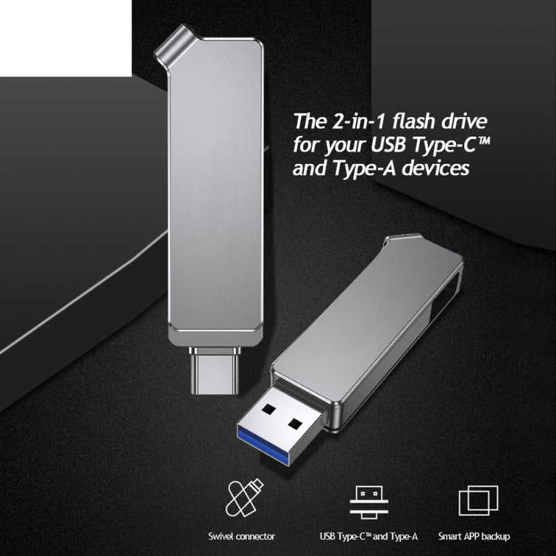 محرك ذاكرة USB بسعة 128 جيجا بايت لون فضي مع موصل مزدوج وصمعة معدنية قابلة للدوران - تخزين فلاش USB 3.1 نوع C عالي السرعة لنسخ احتياطي للبيانات ونقل الملفات والهواتف الذكية والأجهزة اللوحية والأجهزة المحمولة - Image 3