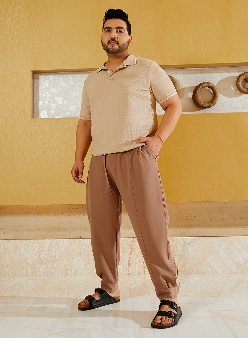 Instafab Plus Instafab Plus Men's Fawn Beige Tailored Chino Trousers For Casual Wear | Mid-Rise | Slim Fit | Button Closure | Plus Size Trousers Crafted With Comfort Fit For Everyday Wear
