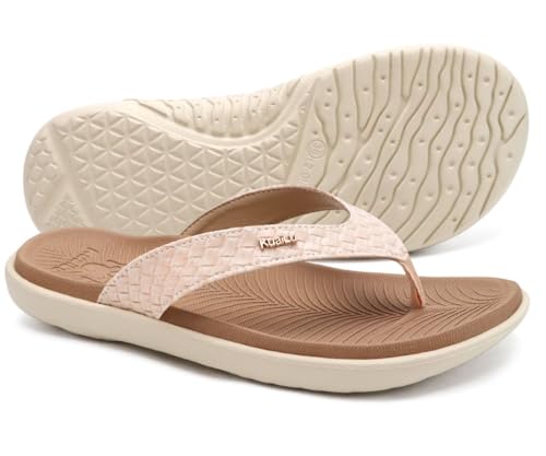 KuaiLu Flip Flops for Women Ladies Yoga Mat Comfortable Sport Walking Thong Sandal With Plantar Fasciitis Arch Support Slip-on Slides Indoor Outdoor For Summer Size 10 Beige White - Image 2