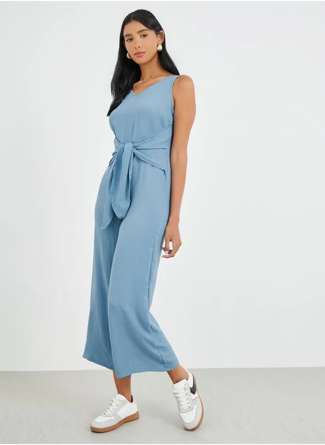 تايك تو Take Two Solid V-Neck Sleeveless Tie Front Wide Leg Jumpsuit