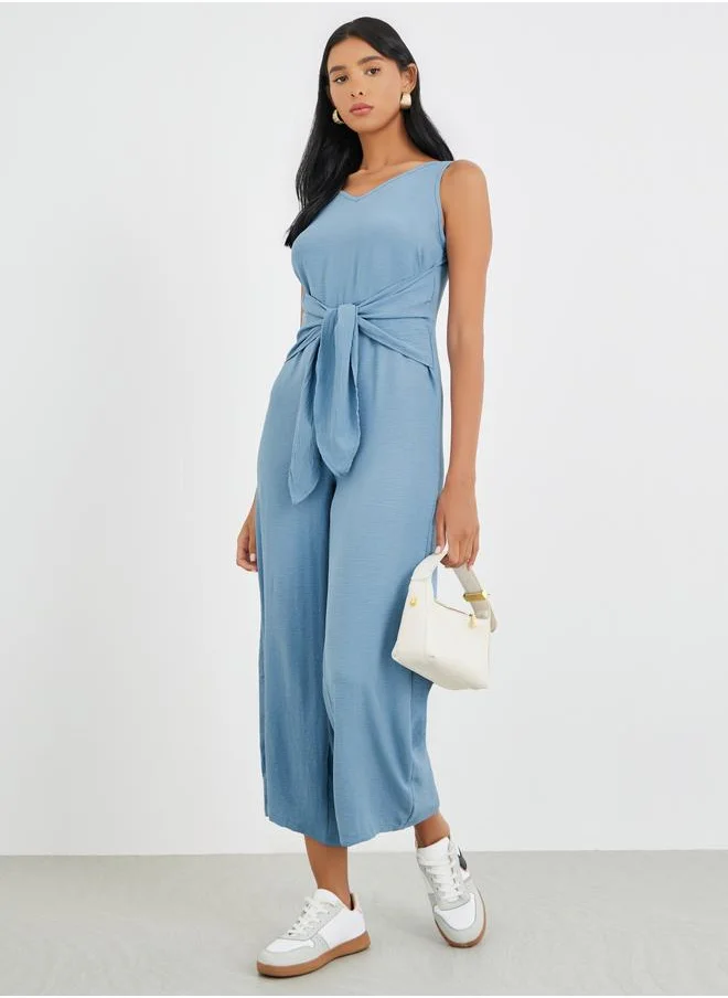 تايك تو Take Two Solid V-Neck Sleeveless Tie Front Wide Leg Jumpsuit