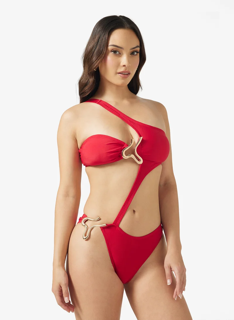 Ginger One Shoulder Cutout Detail Swimsuit With Metal Accent