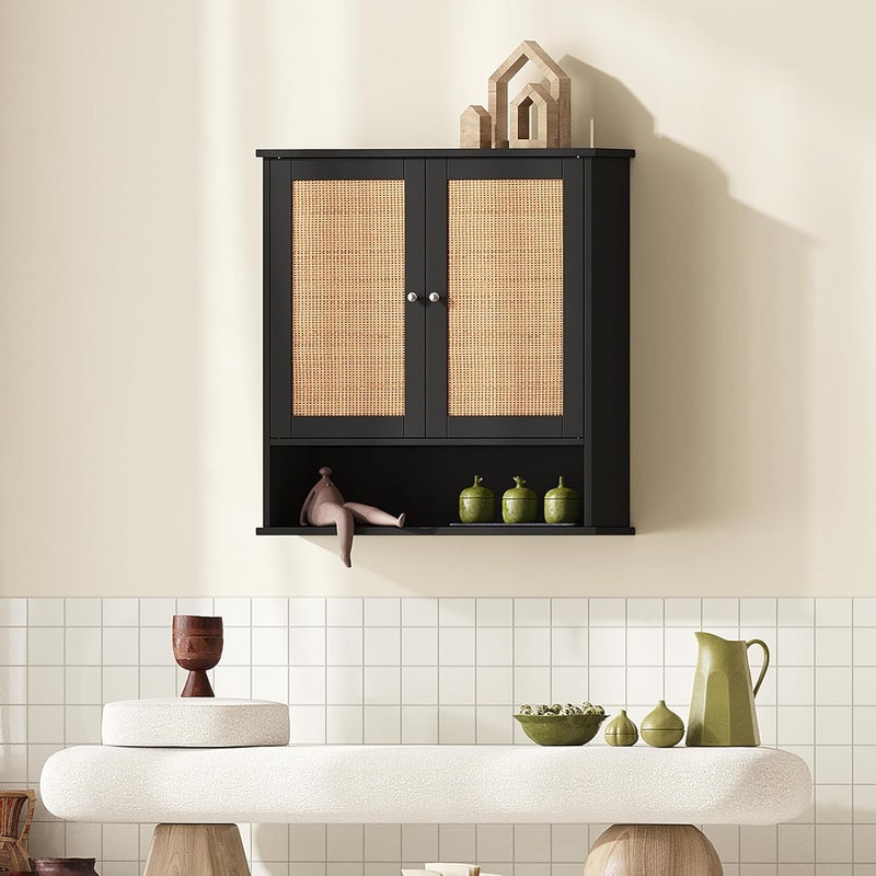 Reettic Rattan Two Door Wall Cabinet, Wooden Medicine Cabinet, Wall Mounted Bathroom Storage Cabinet with Inner Adjustable Shelf, for Bathroom, Kitchen, Entryway, Black and Natural BMGZ103BM - Image 5