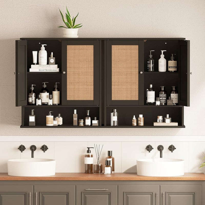 Reettic Rattan Two Door Wall Cabinet, Wooden Medicine Cabinet, Wall Mounted Bathroom Storage Cabinet with Inner Adjustable Shelf, for Bathroom, Kitchen, Entryway, Black and Natural BMGZ103BM - Image 4