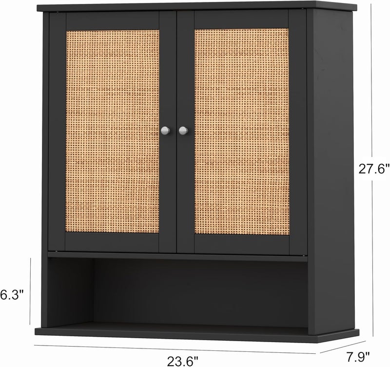 Reettic Rattan Two Door Wall Cabinet, Wooden Medicine Cabinet, Wall Mounted Bathroom Storage Cabinet with Inner Adjustable Shelf, for Bathroom, Kitchen, Entryway, Black and Natural BMGZ103BM - Image 3