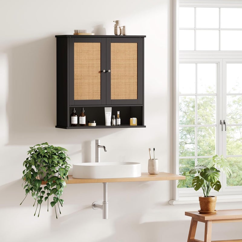 Reettic Rattan Two Door Wall Cabinet, Wooden Medicine Cabinet, Wall Mounted Bathroom Storage Cabinet with Inner Adjustable Shelf, for Bathroom, Kitchen, Entryway, Black and Natural BMGZ103BM - Image 2