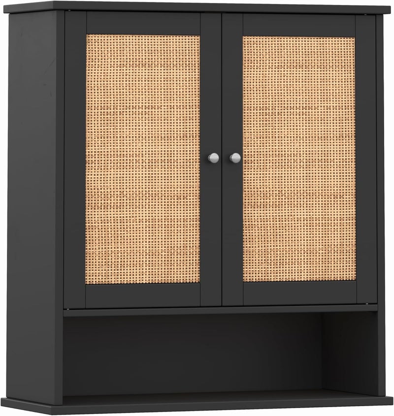 Reettic Rattan Two Door Wall Cabinet, Wooden Medicine Cabinet, Wall Mounted Bathroom Storage Cabinet with Inner Adjustable Shelf, for Bathroom, Kitchen, Entryway, Black and Natural BMGZ103BM - Image 1