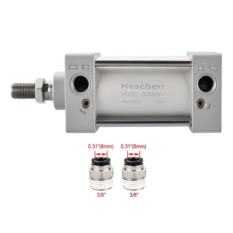 Heschen Pneumatic Standard Air Cylinder, SC 63-50, PT3/8'' Port, 63mm Bore, 50mm Stroke, Screwed Piston Rod Dual Action for Machinery Industry - Image 3