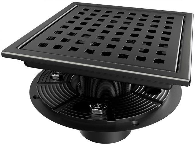SQUARE SHOWER DRAIN BLACK SHOWER DRAIN 6 INCH WITH FLANGE AND REMOVEABLE GRATE COVER AISI 304 STAINLESS STEEL MATTE BLACK SHOWER FLOOR DRAIN WITH HAIR CATCHER AND FLANGE