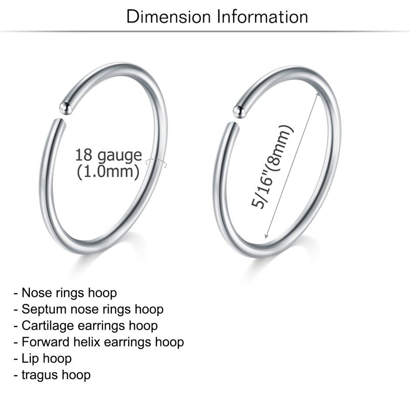 MODRSA Nose Rings Hoops 18g Surgical Steel Piercings Jewelry for Women - Silver 18 Gauge - Image 3