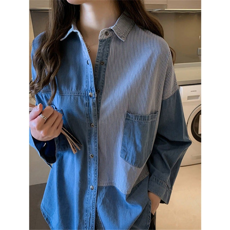 Autumn 2023 Women'S New Denim Shirt Cewy Long Sleeve Design Student T-Shirt Loose Foreign Style Top - Image 3