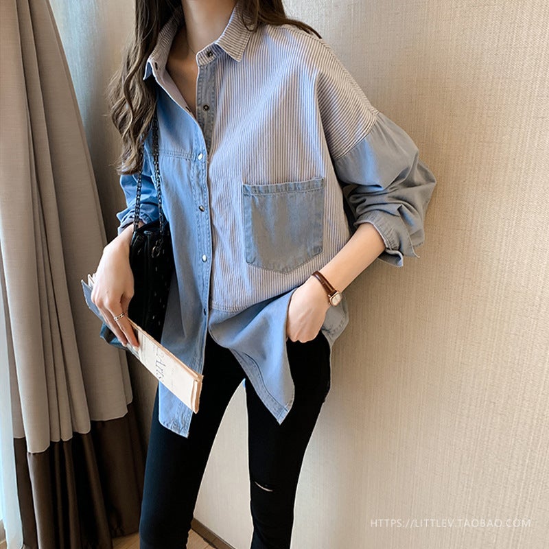 Autumn 2023 Women'S New Denim Shirt Cewy Long Sleeve Design Student T-Shirt Loose Foreign Style Top - Image 2