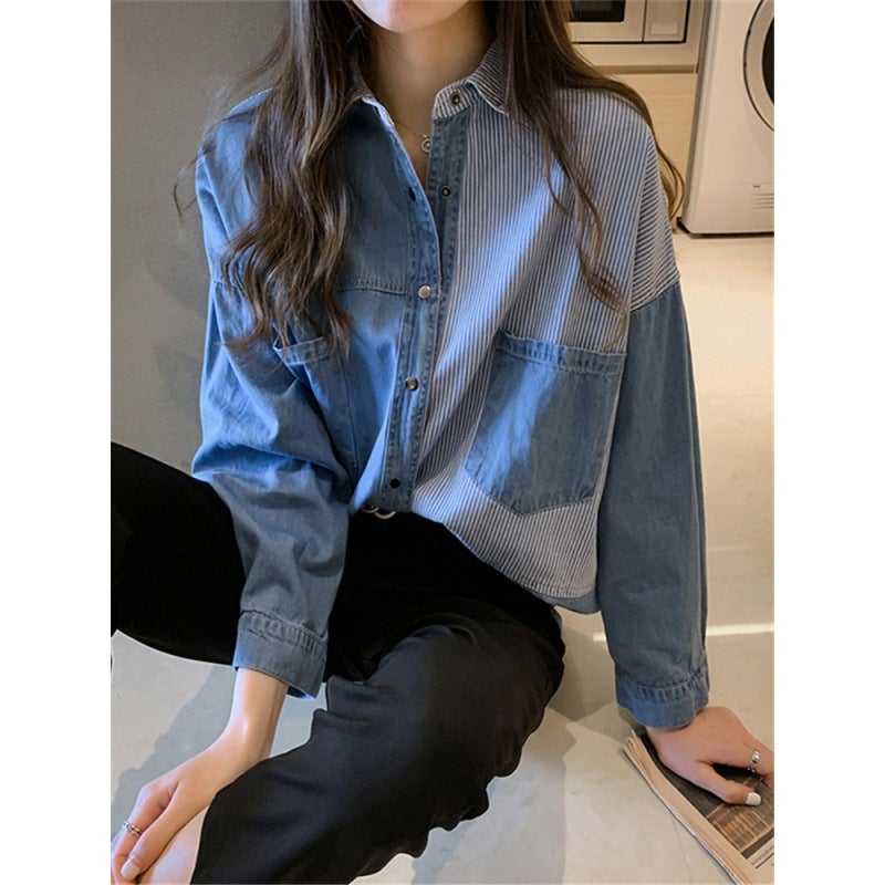 Autumn 2023 Women'S New Denim Shirt Cewy Long Sleeve Design Student T-Shirt Loose Foreign Style Top - Image 4