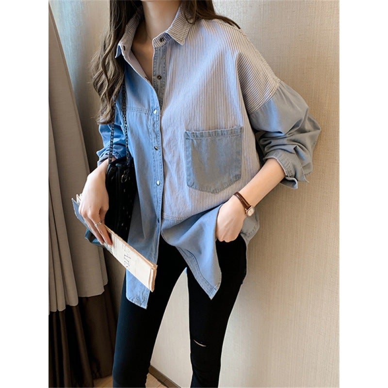 Autumn 2023 Women'S New Denim Shirt Cewy Long Sleeve Design Student T-Shirt Loose Foreign Style Top - Image 5