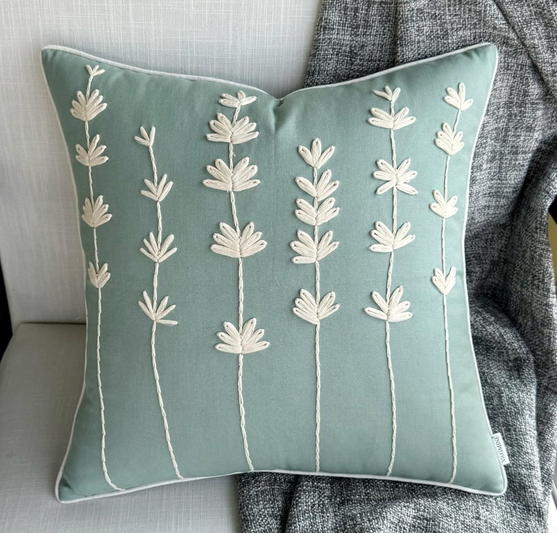 VAGMINE Hand Embroidered Cotton Throw Pillow Cover 20x20 â€“ Light Teal Square Decorative Accent Cushion for Sofa, Bed & Couch â€“ Daisy - Image 1