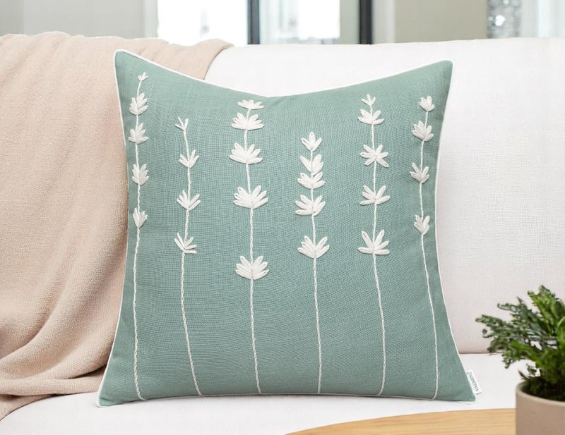 VAGMINE Hand Embroidered Cotton Throw Pillow Cover 20x20 â€“ Light Teal Square Decorative Accent Cushion for Sofa, Bed & Couch â€“ Daisy - Image 5