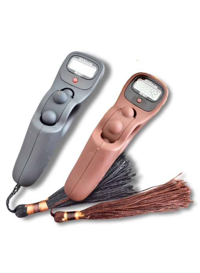 2 قطعة من جهاز التسبيح الرقمي المحمول باللون الأسود والبني بشاشة عرض LCD 11 × 4 × 3 سم، شرابة، وظيفة التمرير، عداد الأصابع للصلاة والصالة الرياضية والأحداث الرياضية - Image 1