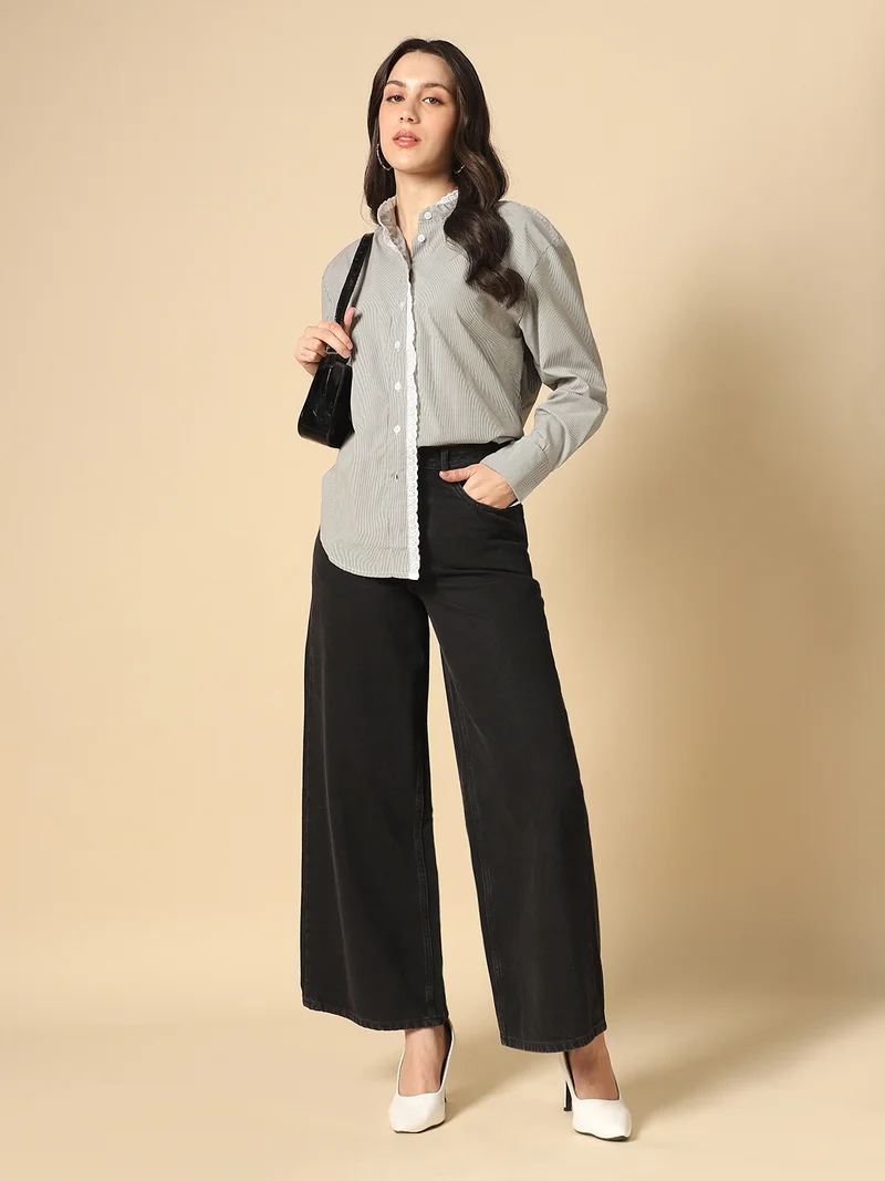 globus Globus Women Black Mandarin Collar Cuffed Sleeves Vertical Stripes Lace Insert Curved Hem Oversized Workwear Shirt
