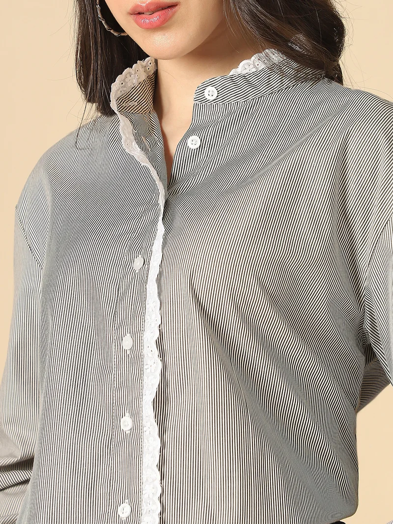 globus Globus Women Black Mandarin Collar Cuffed Sleeves Vertical Stripes Lace Insert Curved Hem Oversized Workwear Shirt