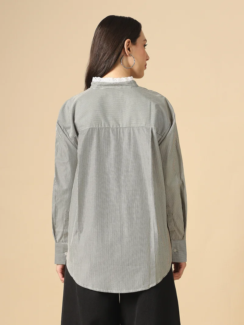 globus Globus Women Black Mandarin Collar Cuffed Sleeves Vertical Stripes Lace Insert Curved Hem Oversized Workwear Shirt