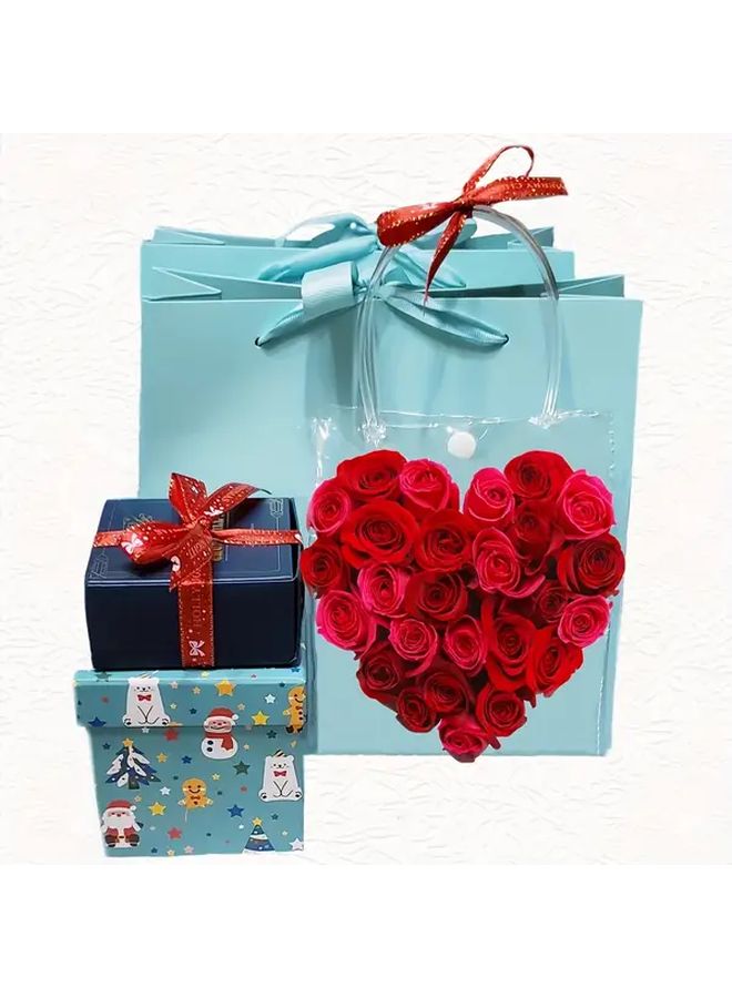 أكياس هدايا ورقية زرقاء فاتحة مع قوس أحمر 50 قطعة 7.87 × 3.94 × 11.02 بوصة قابلة لإعادة الاستخدام لحفلات الزفاف والتسوق - Image 1
