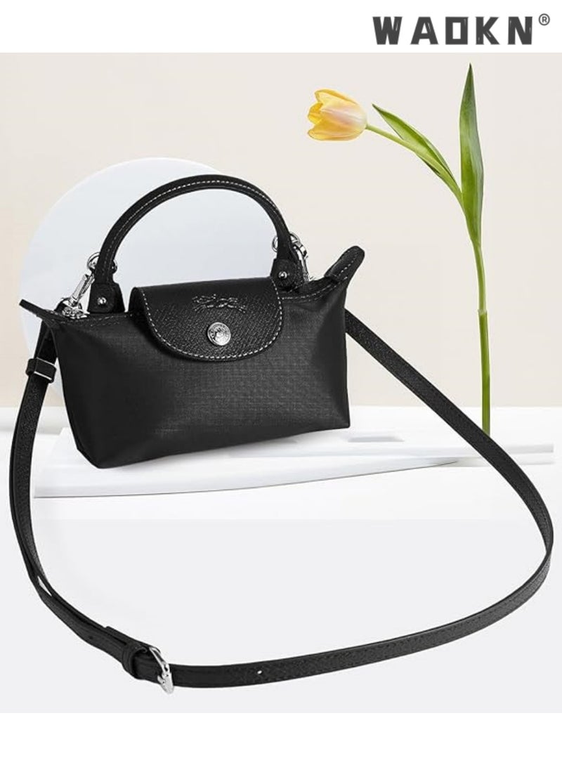 WAOKN - Leather Purse Straps,Replacement Crossbody Shoulder Strap for Mini Le PLIAGE,Crossbody Shoulder Strap Punch-Free Leather Shoulder Strap for Small Bag Handbag Clutch Bag Accessories （Black） - Image 1