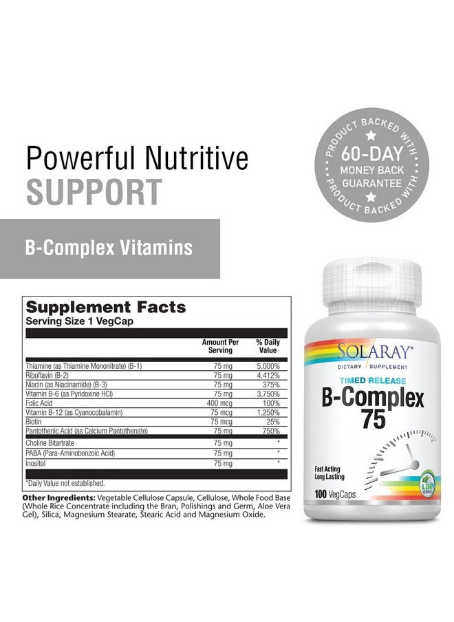 Solaray - Vitamin Bcomplex 75Mg ; Twostage Timedrelease For Extended Availability ; Support For Hair Skin Nails Nerves Immune Function ; 100 Ct - Image 1
