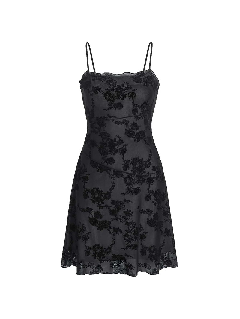 Verdusa Women's Mini Dress Floral Spaghetti Strap Mesh Short Dresses Going Out Sundress Y2k Gothic Clothes Black Multi X-Large - Image 1