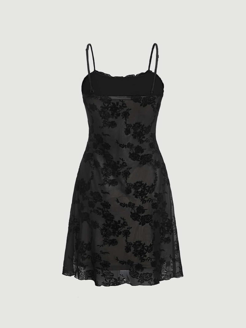 Verdusa Women's Mini Dress Floral Spaghetti Strap Mesh Short Dresses Going Out Sundress Y2k Gothic Clothes Black Multi X-Large - Image 3