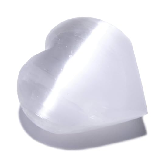 KALIFANO Selenite Heart Worry Stone with Healing  Calming Effects  High Energy SelenitaSatin Spar Love Palm Stone Used for Cleansing and Protection Information Card Included
