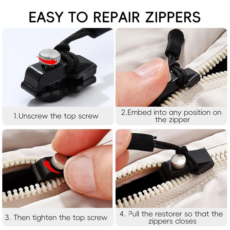 HEVIR Zipper Repair Kit, 6Pcs Instant Zipper Sliders with Nylon Pull Tabs & Metal Pull for Sliding Teeth, Universal Screw Fix Removable Zippers for Bags, Garments, Coats, Shoes & Boots (Black) - Image 2