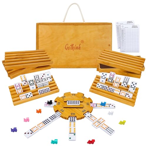 GOTHINK Mexican Train Dominoes Set Double 12 Dominos Set for Kids Adults and Family Dominoes Tile Board Game with Tiles Holders8 Colorful Metal Trains9 Wooden Hub Scoreboards2 Wooden Case - Image 1