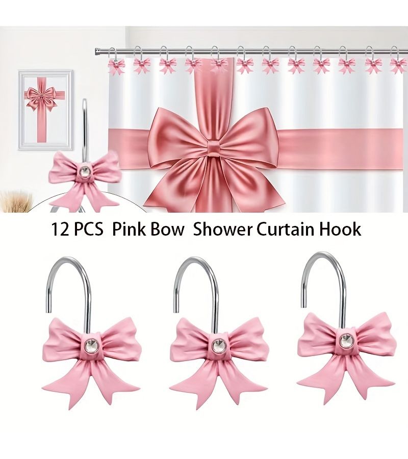 12 Pink Bow Metal Resin Shower Curtain Hooks for Bathroom Kitchen Home Decor - Image 1