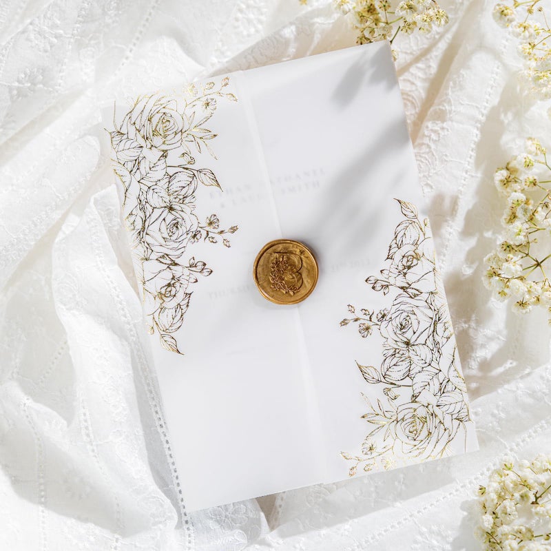 AZAZA 50 Pack Pre-Folded Vellum Jackets for 5x7 Invitations,AZAZA Gorgeous Translucent Invitation Sleeves,115GSM Vellum Jackets 5x7, Wedding Invitation Accessories,for Weddings Birthdays,Golden Roses - Image 1