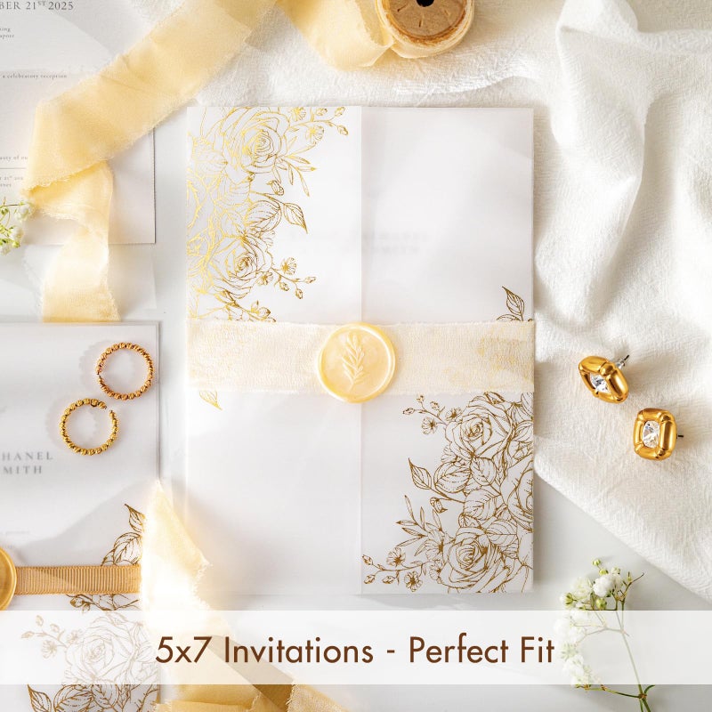 AZAZA 50 Pack Pre-Folded Vellum Jackets for 5x7 Invitations,AZAZA Gorgeous Translucent Invitation Sleeves,115GSM Vellum Jackets 5x7, Wedding Invitation Accessories,for Weddings Birthdays,Golden Roses - Image 4