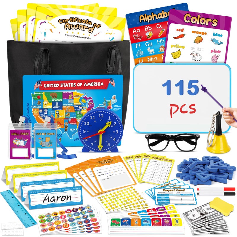 SkilLify Pretend Play Teacher Set for Kids Classroom Role Playset with Whiteboard Magnetic Numbers Alphabet Posters USA Maps Money Games Teacher Supplies Educational Toys Gift for Boys Girls - Image 3