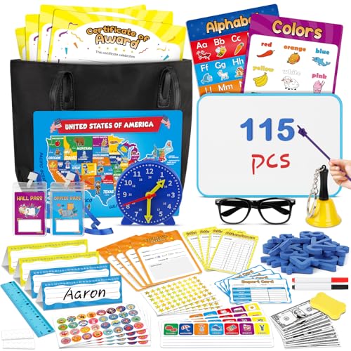 SkilLify Pretend Play Teacher Set for Kids Classroom Role Playset with Whiteboard Magnetic Numbers Alphabet Posters USA Maps Money Games Teacher Supplies Educational Toys Gift for Boys Girls - Image 1