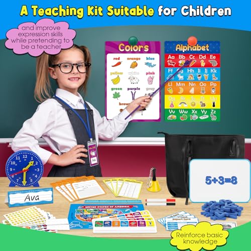 SkilLify Pretend Play Teacher Set for Kids Classroom Role Playset with Whiteboard Magnetic Numbers Alphabet Posters USA Maps Money Games Teacher Supplies Educational Toys Gift for Boys Girls - Image 5