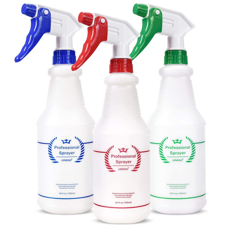 Uineko Plastic Spray Bottle (3 Pack, 24 Oz, 3 Colors) Heavy Duty All-Purpose Empty Spraying Leak Proof Mist Water Bottles for Cleaning Solutions Plants Essential Oils Hair Pet with Adjustable Nozzle - Image 1