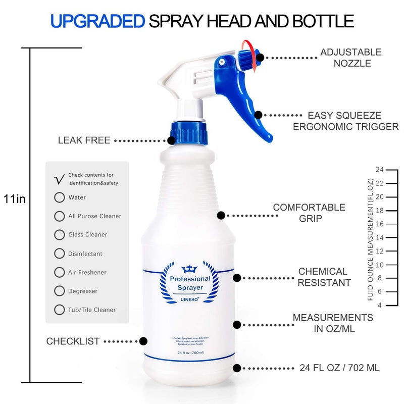 Uineko Plastic Spray Bottle (3 Pack, 24 Oz, 3 Colors) Heavy Duty All-Purpose Empty Spraying Leak Proof Mist Water Bottles for Cleaning Solutions Plants Essential Oils Hair Pet with Adjustable Nozzle - Image 4