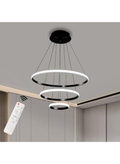 HUA QIANG WANG Modern LED Pendant Light, 3 Ring Black Chandeliers Fixture Dimmable with Remote Control 3-Color LED Ceiling Light for Bedroom, Living Room, Dining Room, Kitchen  - Image 1