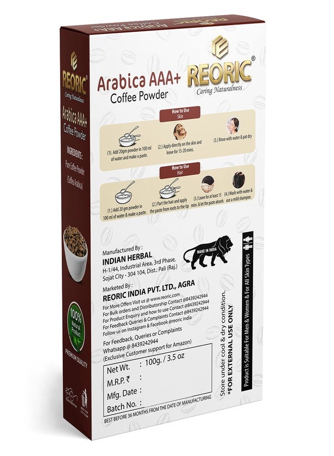 REORIC مسحوق قهوة ريورك للوجه والجسم | إزالة تان | العناية بالبشرة والشعر (أرابيكا A+++ خام، 100 جرام، عبوة من 1) - Image 2